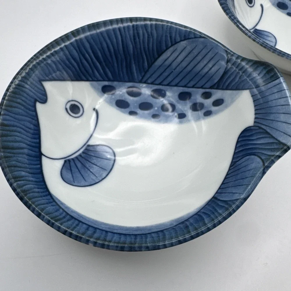 Vintage Rice Soup Dip Bowls Fish Blue & White Blowfish Set of 2 Nautical Japan